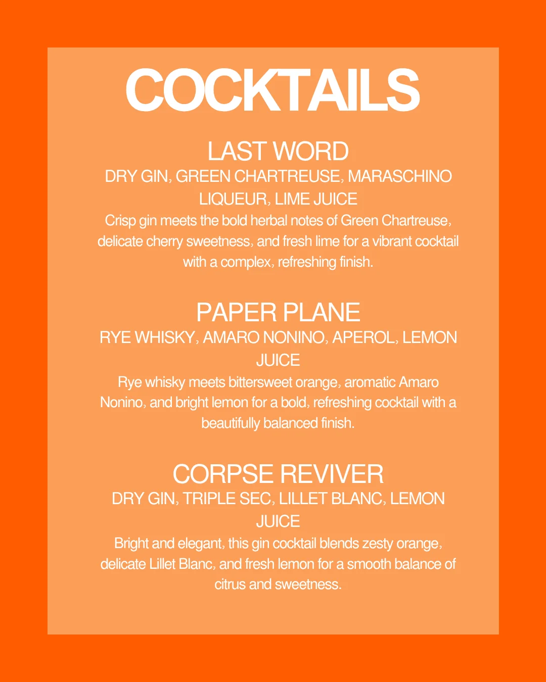 October 23 cocktail selections: Last Word, Paper Plane, and Corpse Reviver