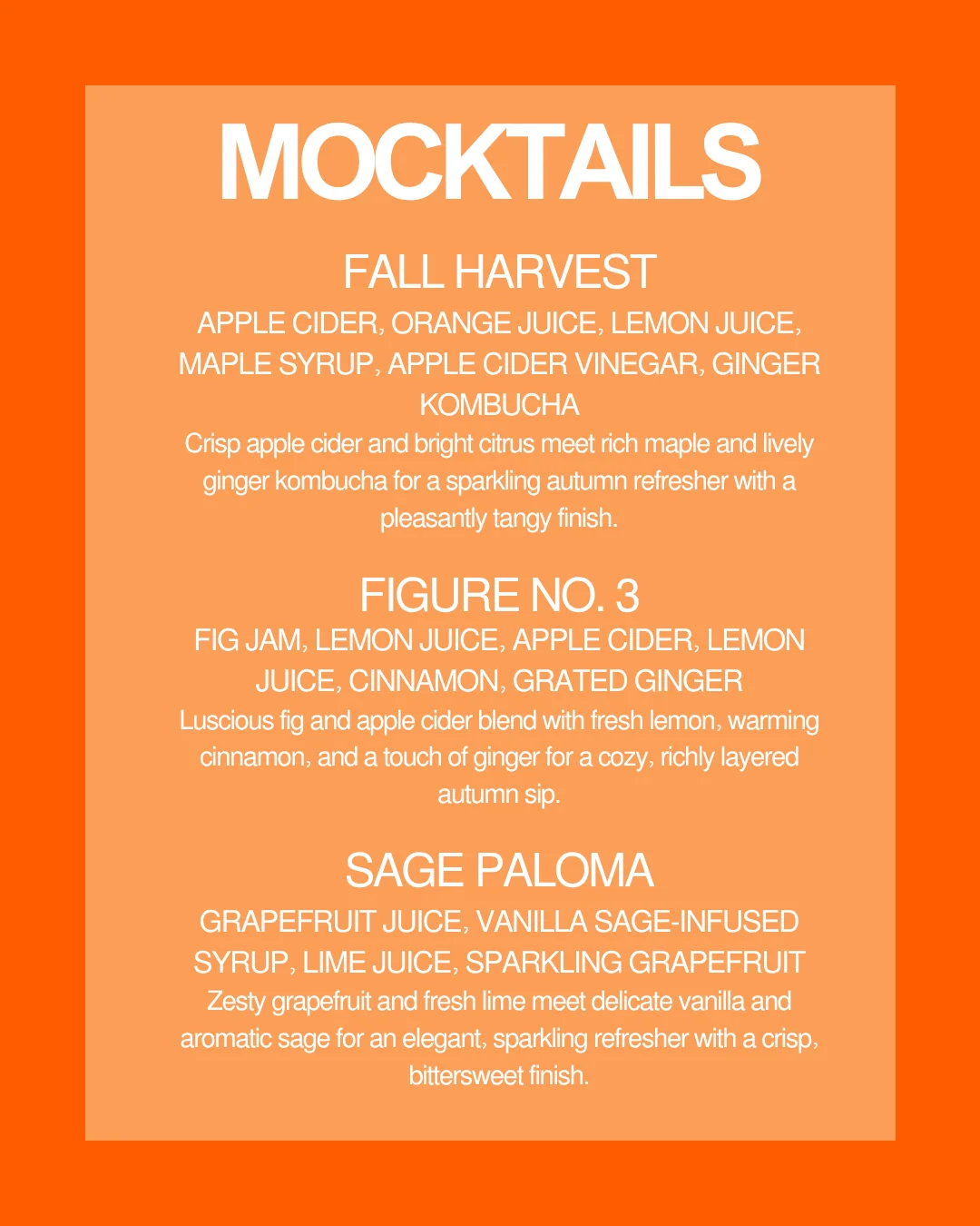 October 23 mocktail selections: Fall Harvest, Figure No. 3, and Sage Paloma