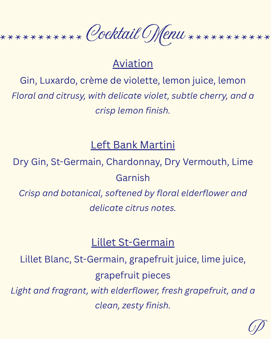 Cocktail Class cocktail menu
