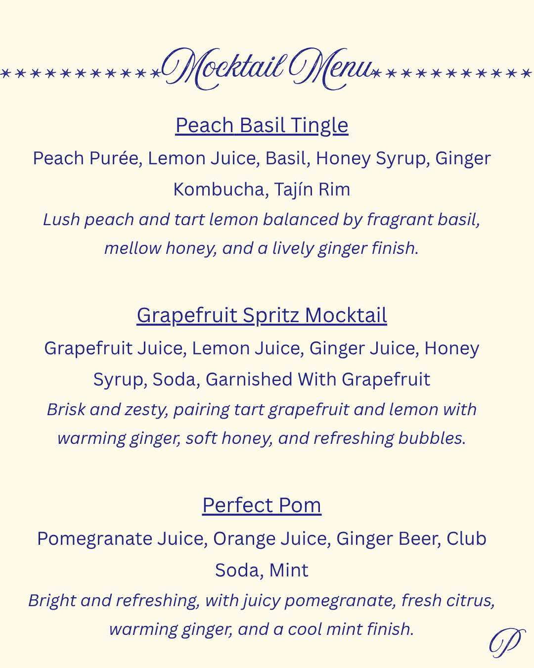 Cocktail Class mocktail menu